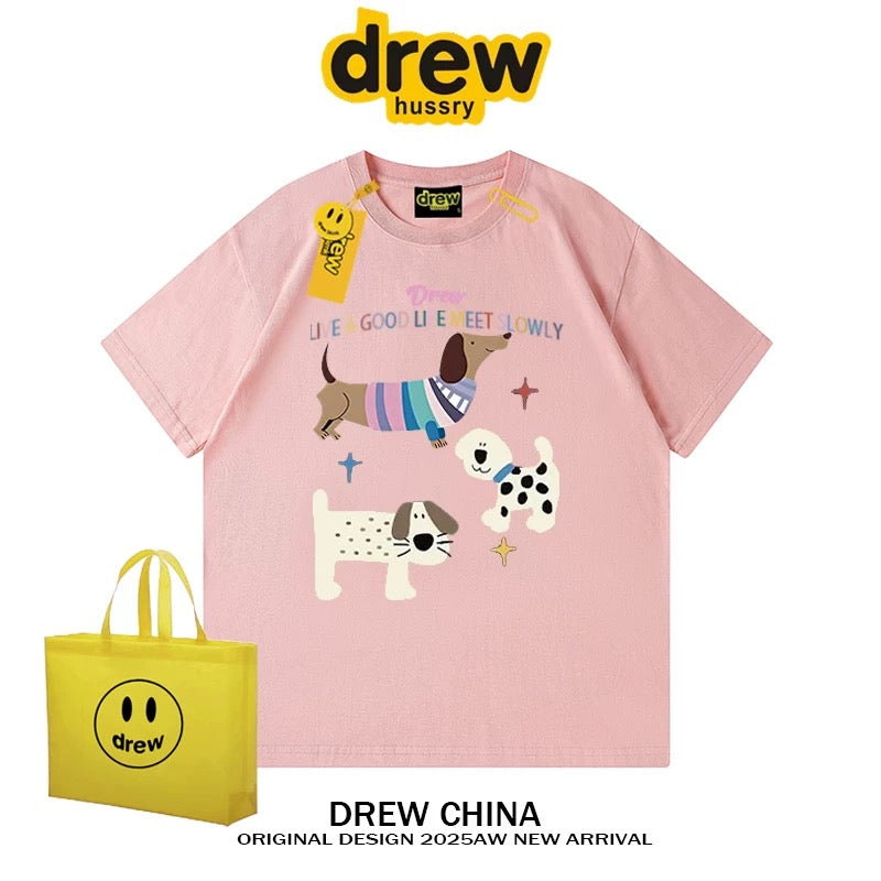 drew American trendy dog retro print short-sleeved T-shirt men and women casual simple couple wear pure cotton top tee