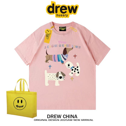 drew American trendy dog retro print short-sleeved T-shirt men and women casual simple couple wear pure cotton top tee