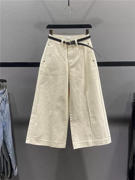 European style apricot wide-leg jeans for women, new spring 2026, high-waisted, loose, casual, cropped, for petite women, grandma pants.