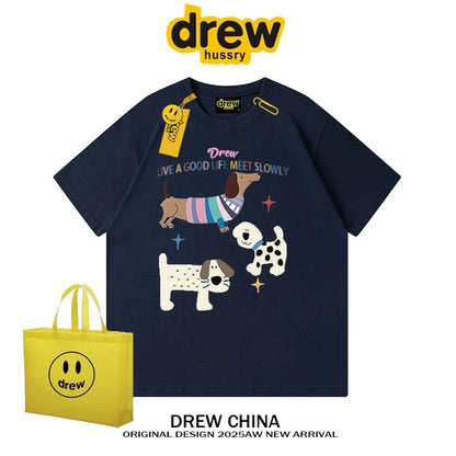 drew American trendy dog retro print short-sleeved T-shirt men and women casual simple couple wear pure cotton top tee