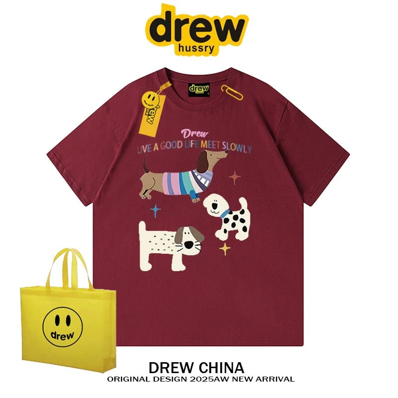 drew American trendy dog retro print short-sleeved T-shirt men and women casual simple couple wear pure cotton top tee