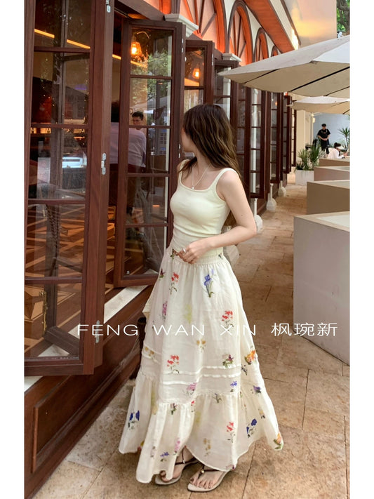 Korean style atmosphere ramie print skirt women's summer new style temperament high quality elastic waist loose A-line long skirt