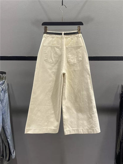 European style apricot wide-leg jeans for women, new spring 2026, high-waisted, loose, casual, cropped, for petite women, grandma pants.