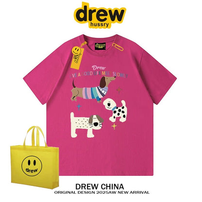 drew American trendy dog retro print short-sleeved T-shirt men and women casual simple couple wear pure cotton top tee
