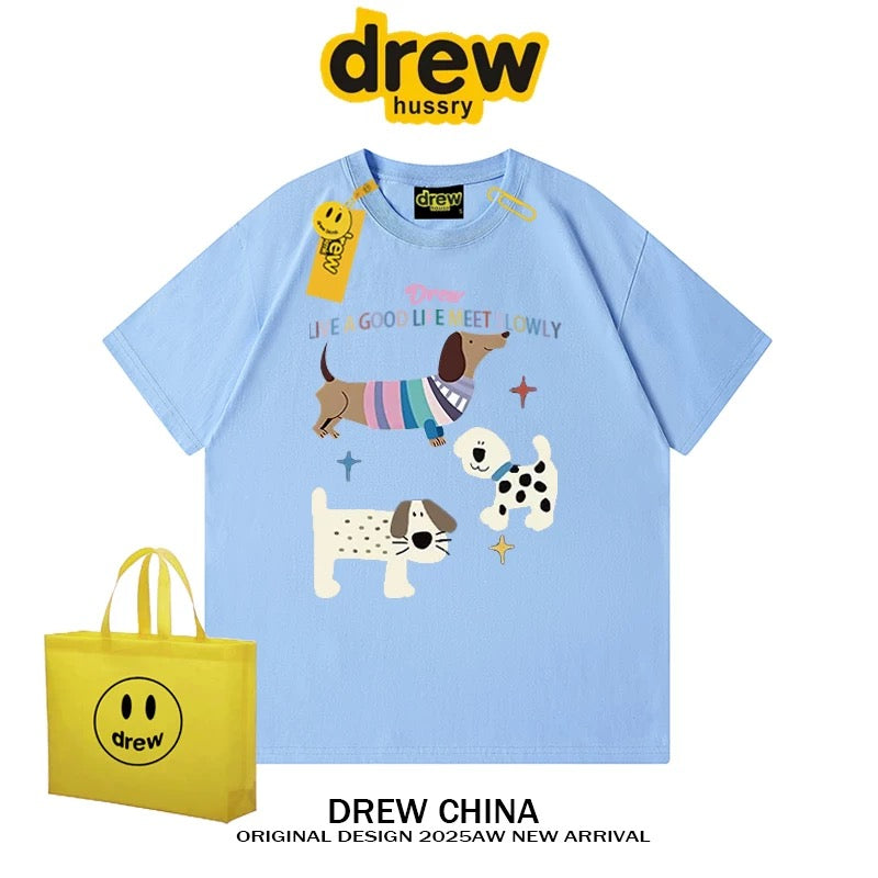 drew American trendy dog retro print short-sleeved T-shirt men and women casual simple couple wear pure cotton top tee