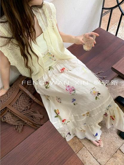 Korean style atmosphere ramie print skirt women's summer new style temperament high quality elastic waist loose A-line long skirt