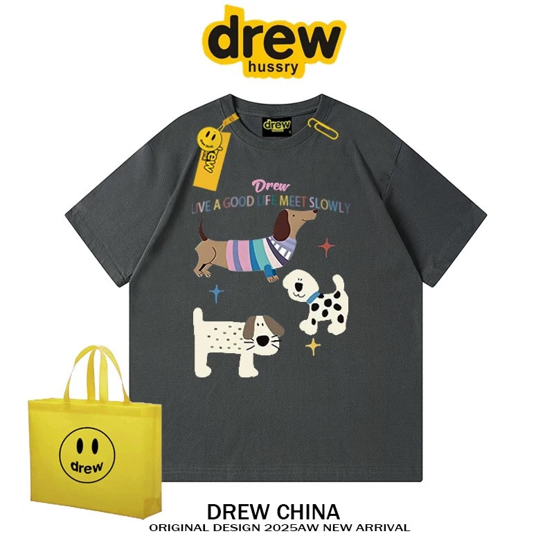 drew American trendy dog retro print short-sleeved T-shirt men and women casual simple couple wear pure cotton top tee