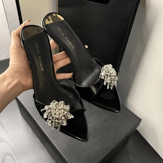 2024 new and brightest Xinghai open-toe patent leather flip flops sexy pointed toe high heels women's summer stiletto heel rhinestone sandals