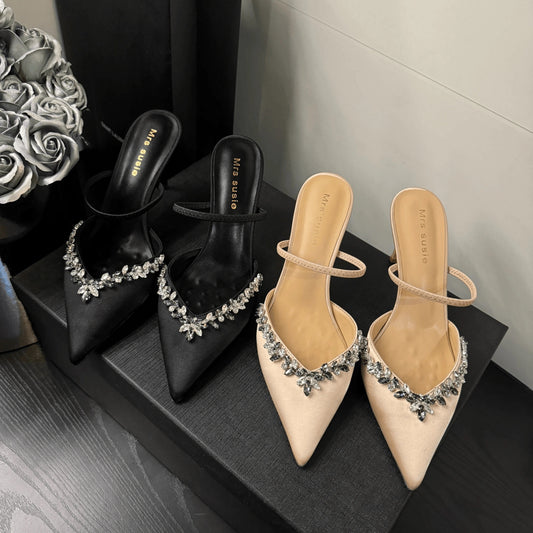 2024 summer new style sandals, pointed toe rhinestone black high heels, women's stiletto heels, single-strap mule shoes for women