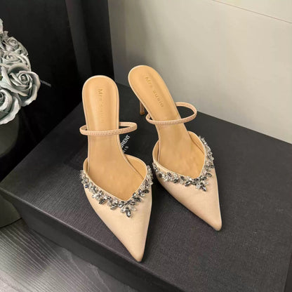 2024 summer new style sandals, pointed toe rhinestone black high heels, women's stiletto heels, single-strap mule shoes for women