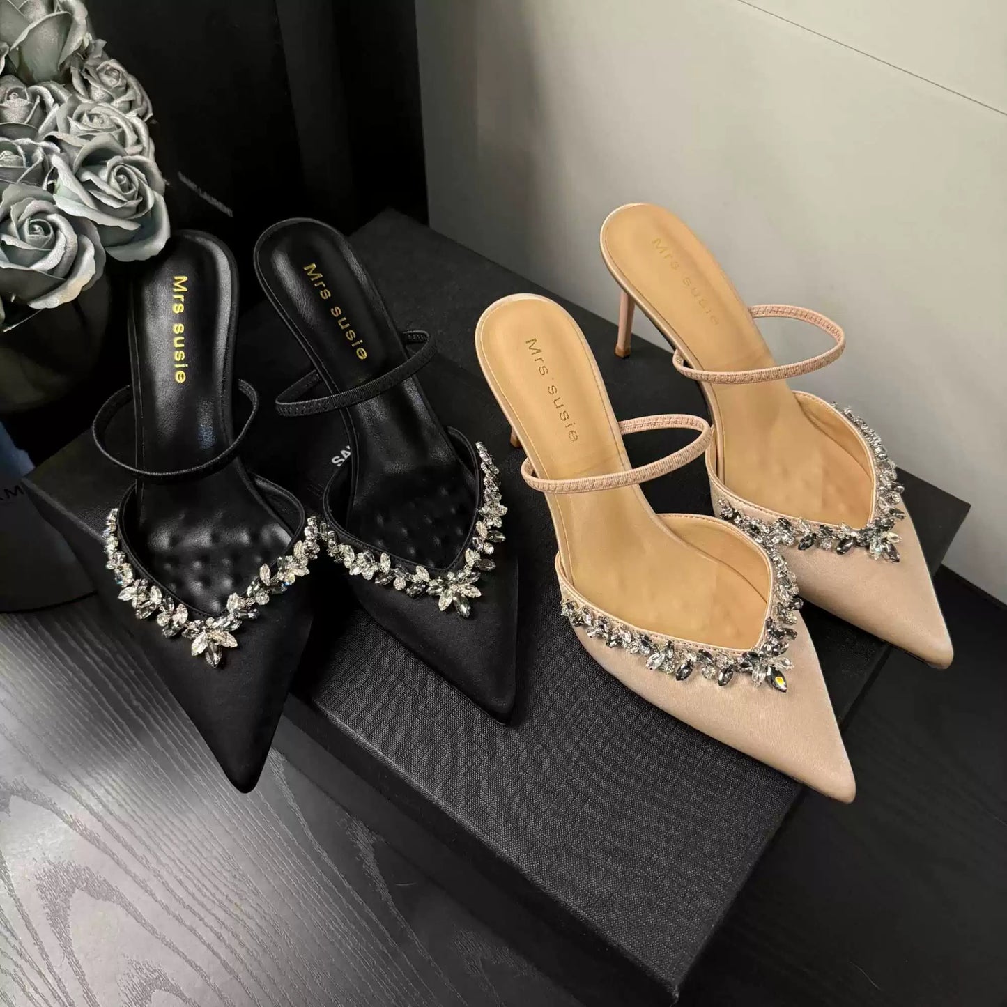 2024 summer new style sandals, pointed toe rhinestone black high heels, women's stiletto heels, single-strap mule shoes for women