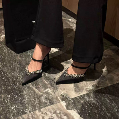 2024 summer new style sandals, pointed toe rhinestone black high heels, women's stiletto heels, single-strap mule shoes for women