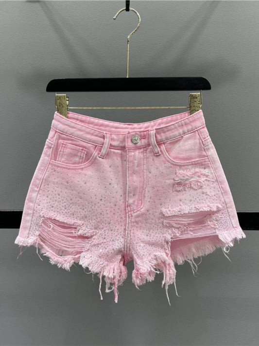 Women's heavy-duty rhinestone denim shorts, 2026 summer new style, high-waisted, slimming, hot girl style, ripped and frayed hem, wide-leg hot pants, trendy.