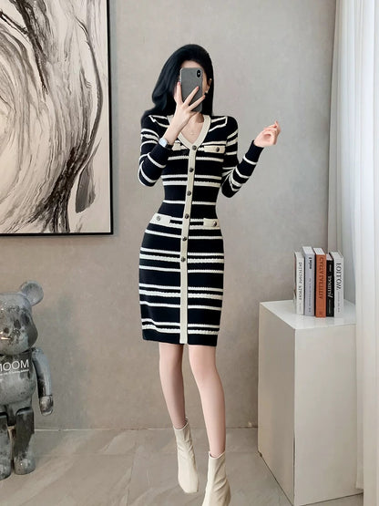 French style small fragrant striped knitted dress for women 2024 early autumn new style high-end slim bottoming hip skirt winter