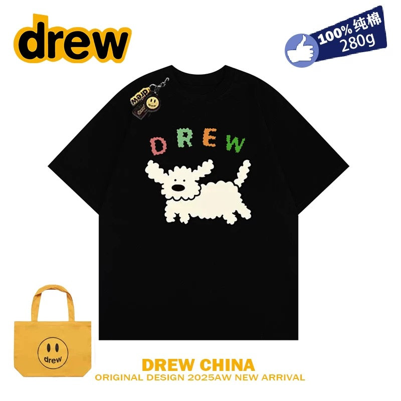 drew smiley face college style cartoon puppy short-sleeved T-shirt men and women loose bf pure cotton student casual couple wear ins