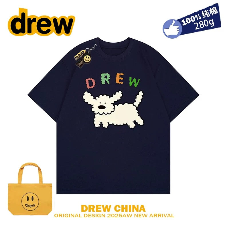 drew smiley face college style cartoon puppy short-sleeved T-shirt men and women loose bf pure cotton student casual couple wear ins