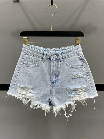 Women's heavy-duty rhinestone denim shorts, 2026 summer new style, high-waisted, slimming, hot girl style, ripped and frayed hem, wide-leg hot pants, trendy.