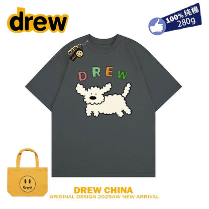 drew smiley face college style cartoon puppy short-sleeved T-shirt men and women loose bf pure cotton student casual couple wear ins