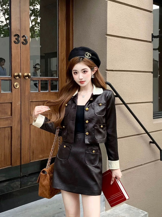 Niche designer light luxury simple motorcycle jacket two-piece set, handsome and fashionable lapel leather jacket and skirt suit