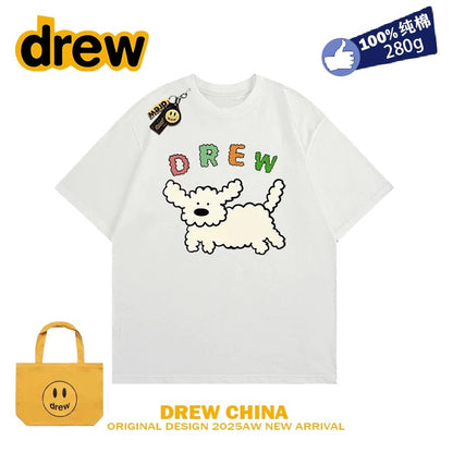 drew smiley face college style cartoon puppy short-sleeved T-shirt men and women loose bf pure cotton student casual couple wear ins