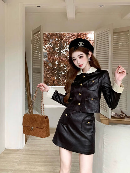 Niche designer light luxury simple motorcycle jacket two-piece set, handsome and fashionable lapel leather jacket and skirt suit