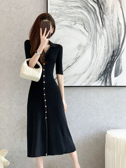2024 new summer style slim-fitting slim-fitting high-end fashionable mid-length knitted dress with small fragrant style