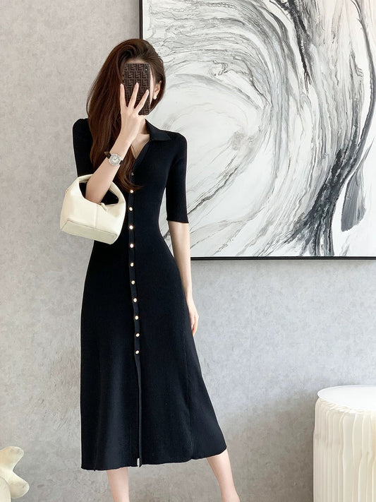 2024 new summer style slim-fitting slim-fitting high-end fashionable mid-length knitted dress with small fragrant style