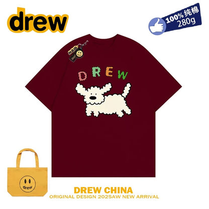 drew smiley face college style cartoon puppy short-sleeved T-shirt men and women loose bf pure cotton student casual couple wear ins