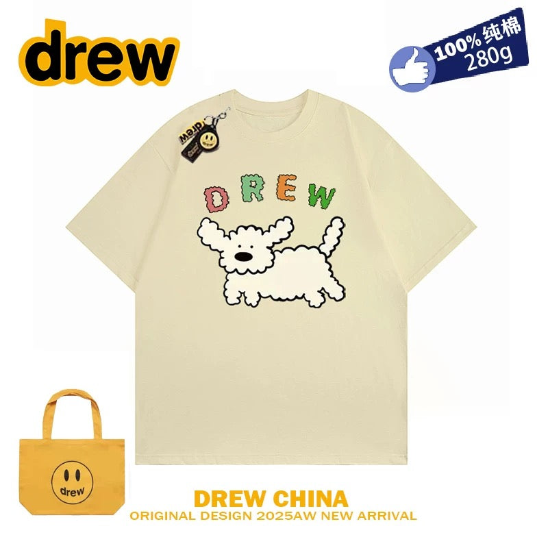 drew smiley face college style cartoon puppy short-sleeved T-shirt men and women loose bf pure cotton student casual couple wear ins