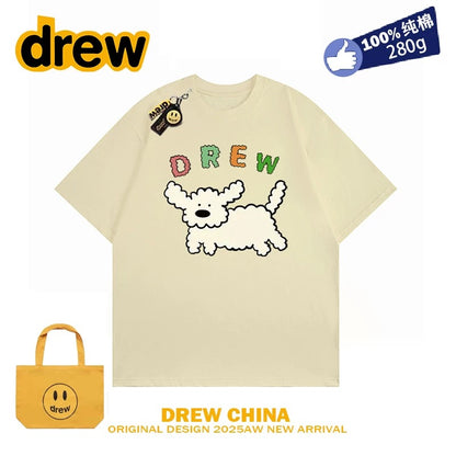 drew smiley face college style cartoon puppy short-sleeved T-shirt men and women loose bf pure cotton student casual couple wear ins