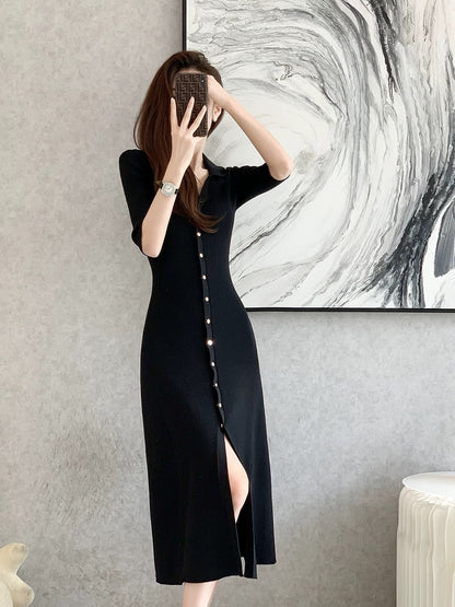 2024 new summer style slim-fitting slim-fitting high-end fashionable mid-length knitted dress with small fragrant style