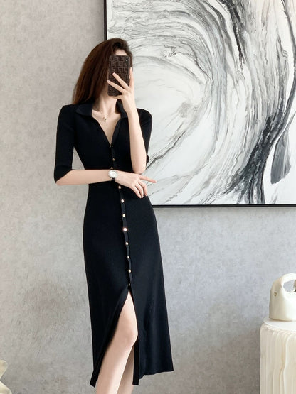 2024 new summer style slim-fitting slim-fitting high-end fashionable mid-length knitted dress with small fragrant style