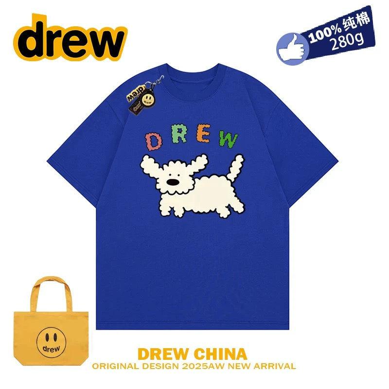 drew smiley face college style cartoon puppy short-sleeved T-shirt men and women loose bf pure cotton student casual couple wear ins
