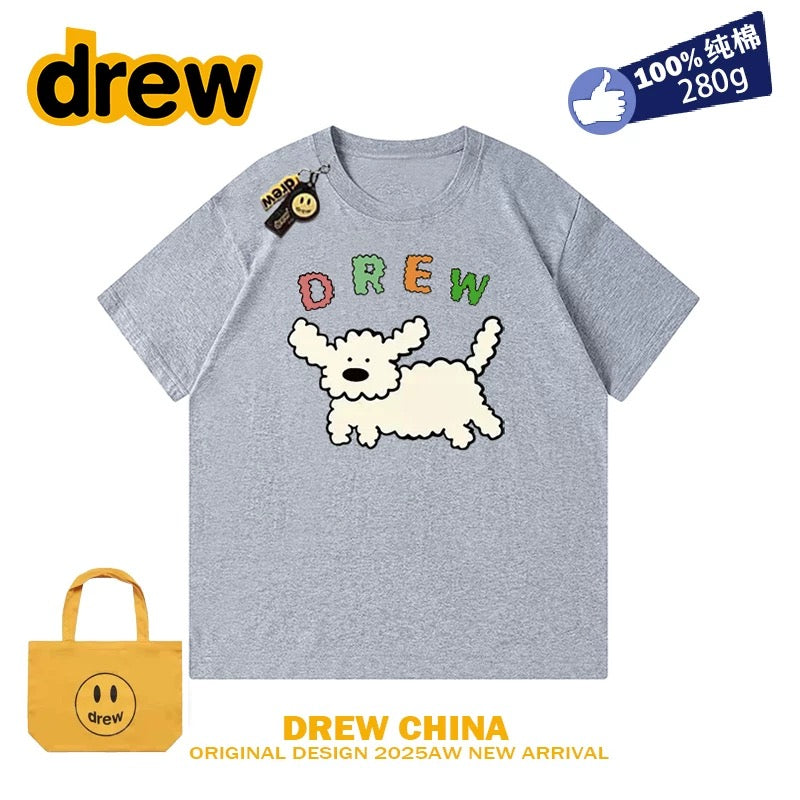 drew smiley face college style cartoon puppy short-sleeved T-shirt men and women loose bf pure cotton student casual couple wear ins