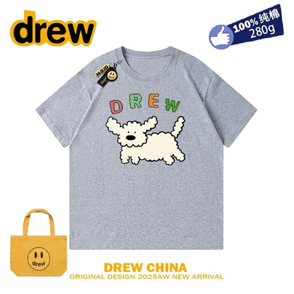 drew smiley face college style cartoon puppy short-sleeved T-shirt men and women loose bf pure cotton student casual couple wear ins