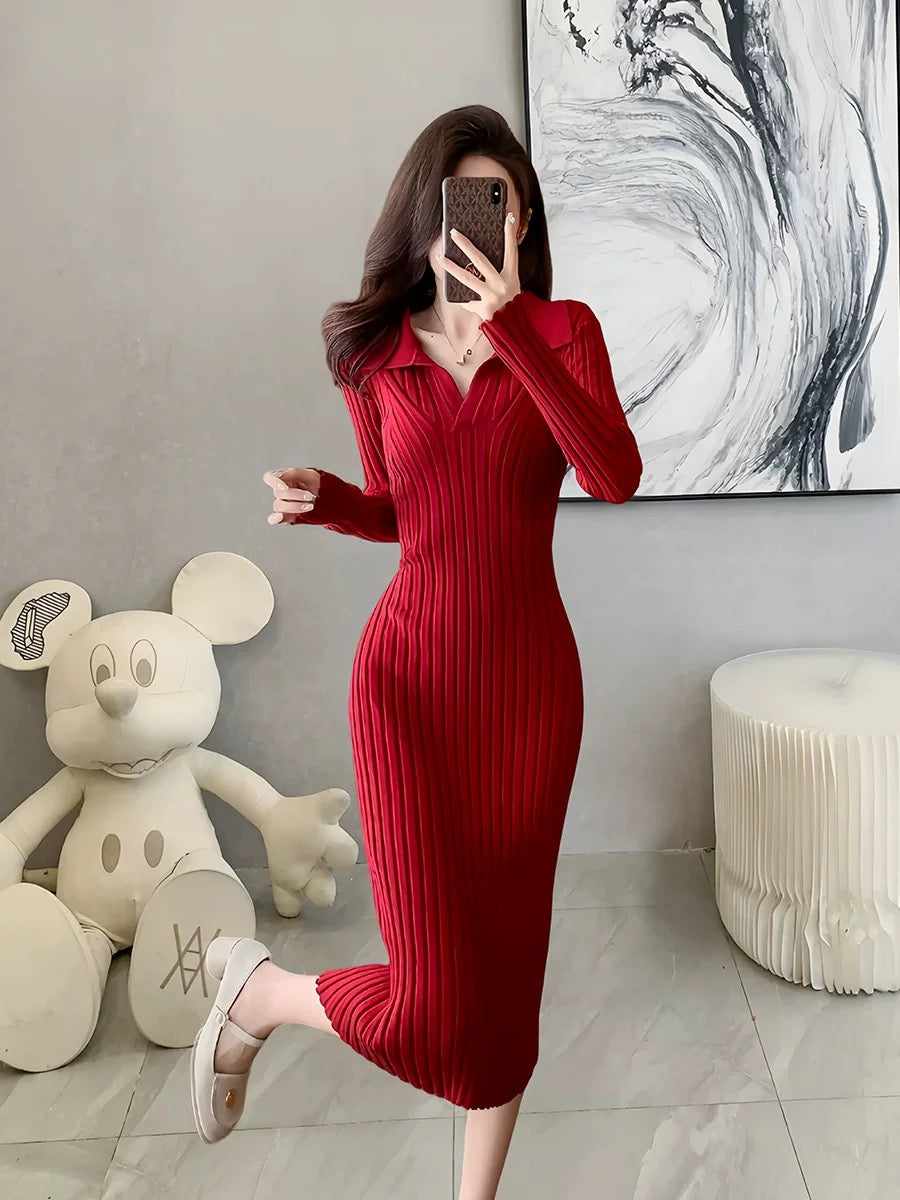 Elegant socialite red knitted long skirt for women 2024 autumn and winter new high-end style with coat V-neck hip-hugging dress