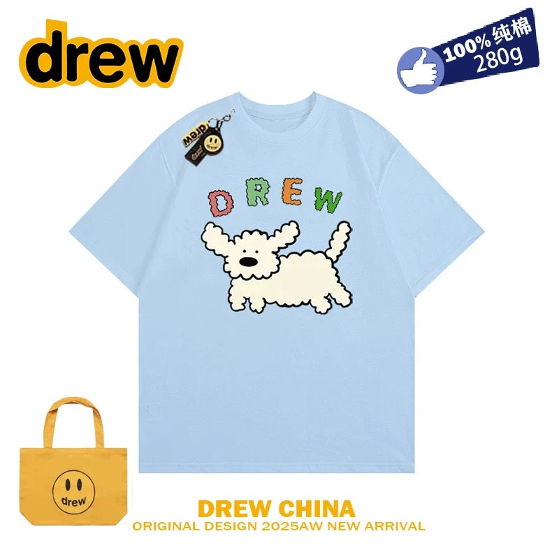 drew smiley face college style cartoon puppy short-sleeved T-shirt men and women loose bf pure cotton student casual couple wear ins