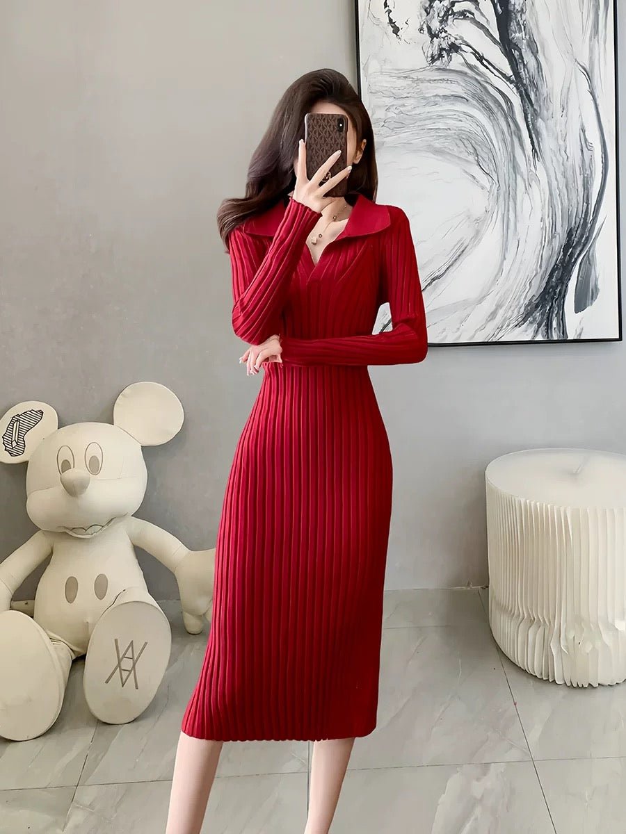 Elegant socialite red knitted long skirt for women 2024 autumn and winter new high-end style with coat V-neck hip-hugging dress
