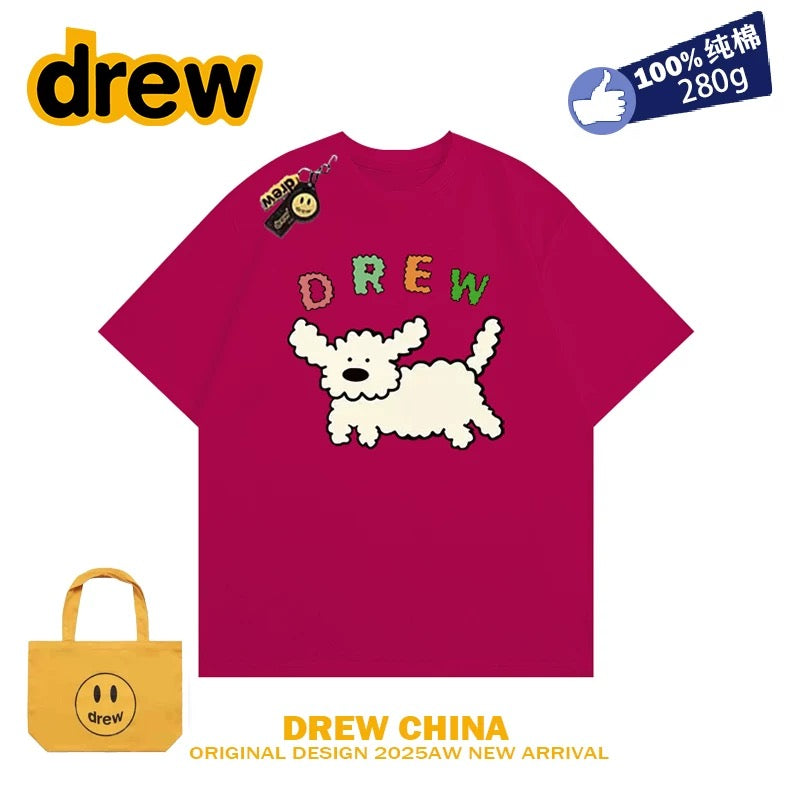 drew smiley face college style cartoon puppy short-sleeved T-shirt men and women loose bf pure cotton student casual couple wear ins