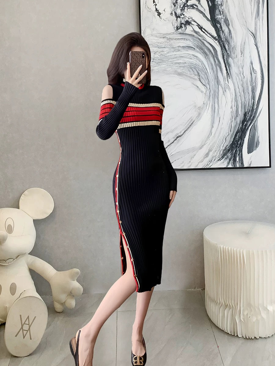 Goddess-style off-shoulder striped knitted long skirt for women 2024 autumn and winter new style high-end slim-fit hip-covering slit dress