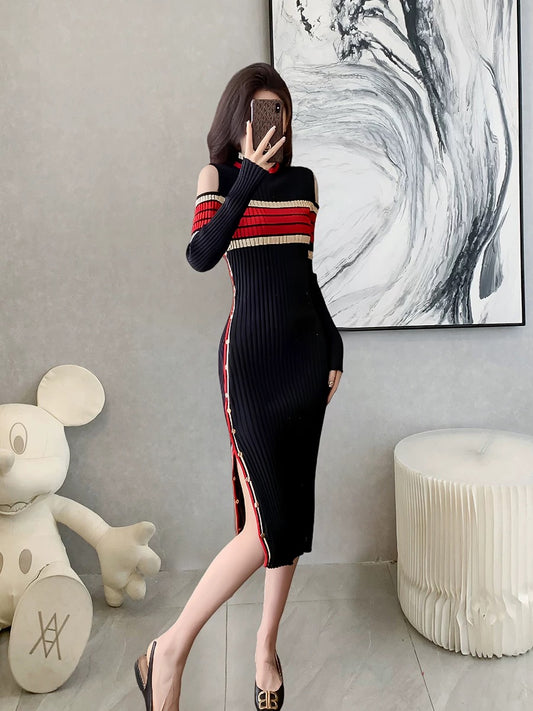 Goddess-style off-shoulder striped knitted long skirt for women 2024 autumn and winter new style high-end slim-fit hip-covering slit dress