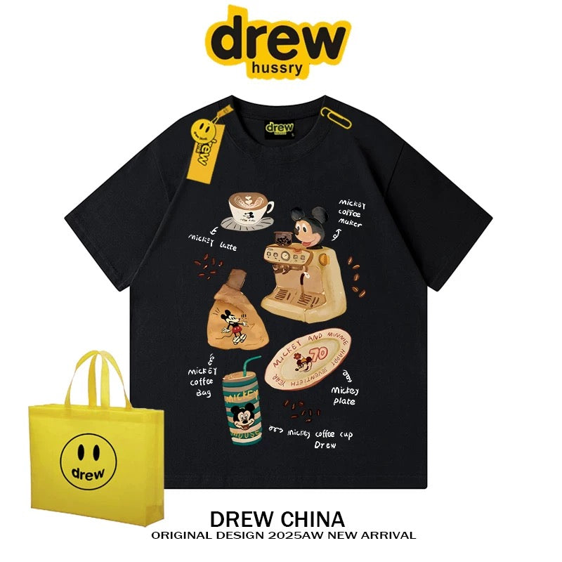 drew American trendy retro Mickey Mouse cartoon short-sleeved T-shirt for men and women summer casual loose couple half-sleeved tee