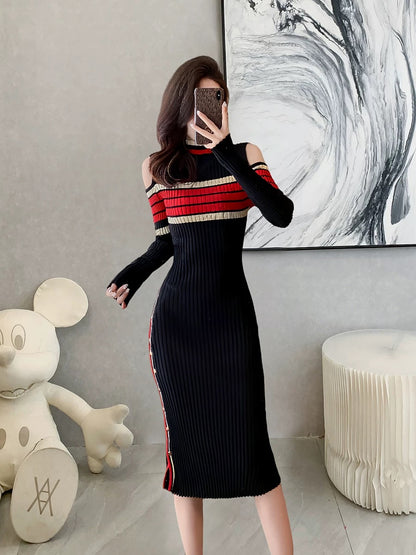 Goddess-style off-shoulder striped knitted long skirt for women 2024 autumn and winter new style high-end slim-fit hip-covering slit dress