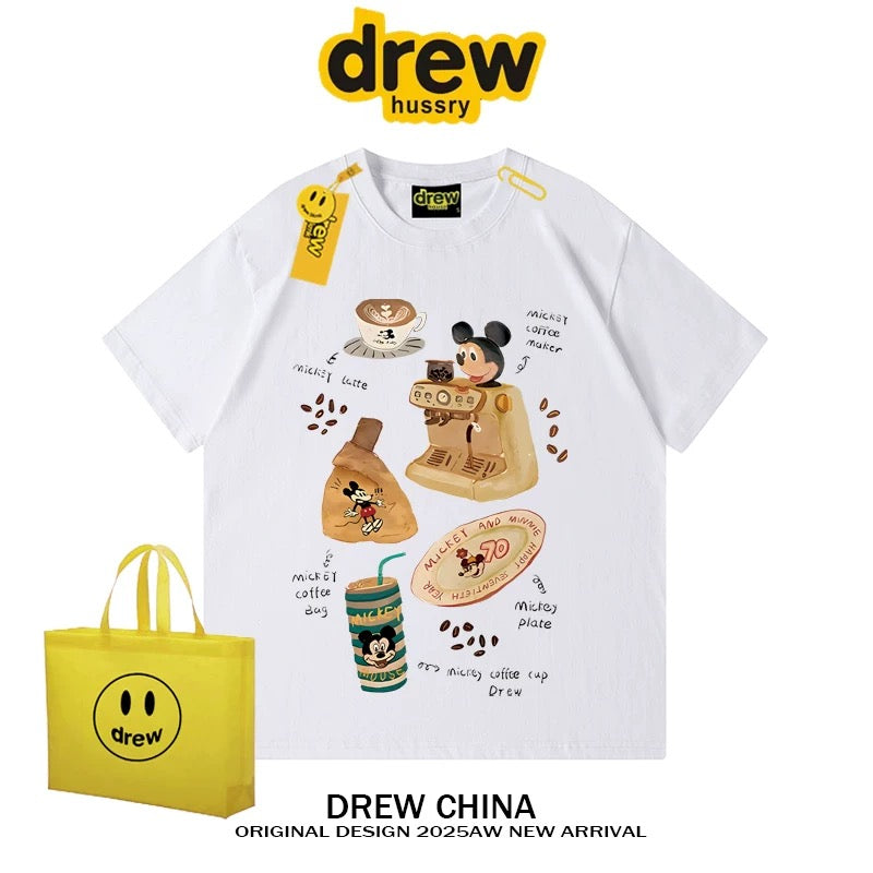 drew American trendy retro Mickey Mouse cartoon short-sleeved T-shirt for men and women summer casual loose couple half-sleeved tee
