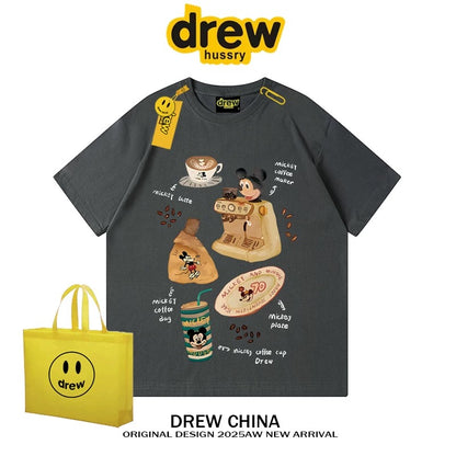 drew American trendy retro Mickey Mouse cartoon short-sleeved T-shirt for men and women summer casual loose couple half-sleeved tee