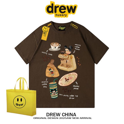 drew American trendy retro Mickey Mouse cartoon short-sleeved T-shirt for men and women summer casual loose couple half-sleeved tee