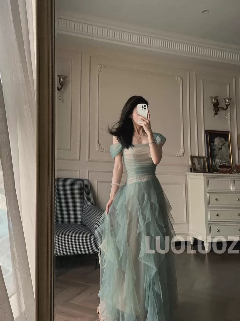 LUOLUOZ 【Dreamy Galaxy】Mesh Off-Shoulder Dress for Women, Ethereal Style, Slim Waist, Irregular Hem Long Skirt