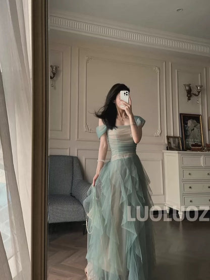 LUOLUOZ 【Dreamy Galaxy】Mesh Off-Shoulder Dress for Women, Ethereal Style, Slim Waist, Irregular Hem Long Skirt