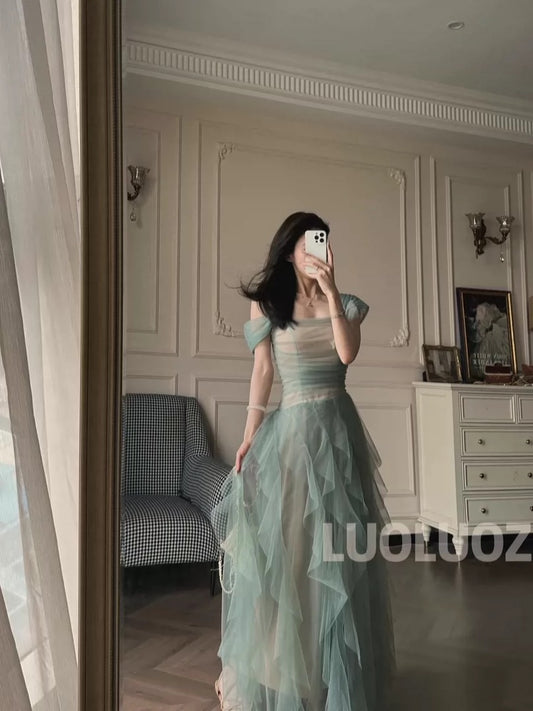 LUOLUOZ 【Dreamy Galaxy】Mesh Off-Shoulder Dress for Women, Ethereal Style, Slim Waist, Irregular Hem Long Skirt