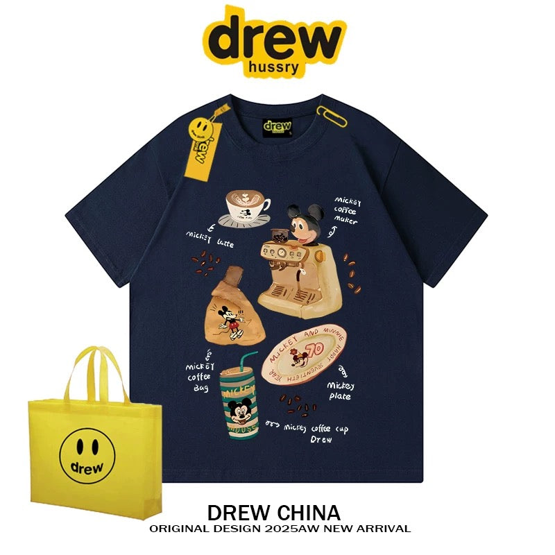 drew American trendy retro Mickey Mouse cartoon short-sleeved T-shirt for men and women summer casual loose couple half-sleeved tee